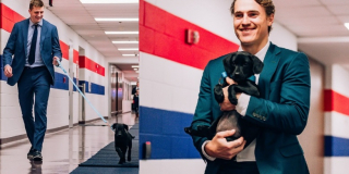 Illustration de l'article : Des hockeyeurs professionnels surprennent la foule en venant avec des chiens dans leurs bras