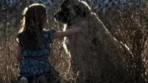 Illustration : "Une petite fille dit au revoir à son grand copain canin avant de devoir déménager et le perdre de vue"